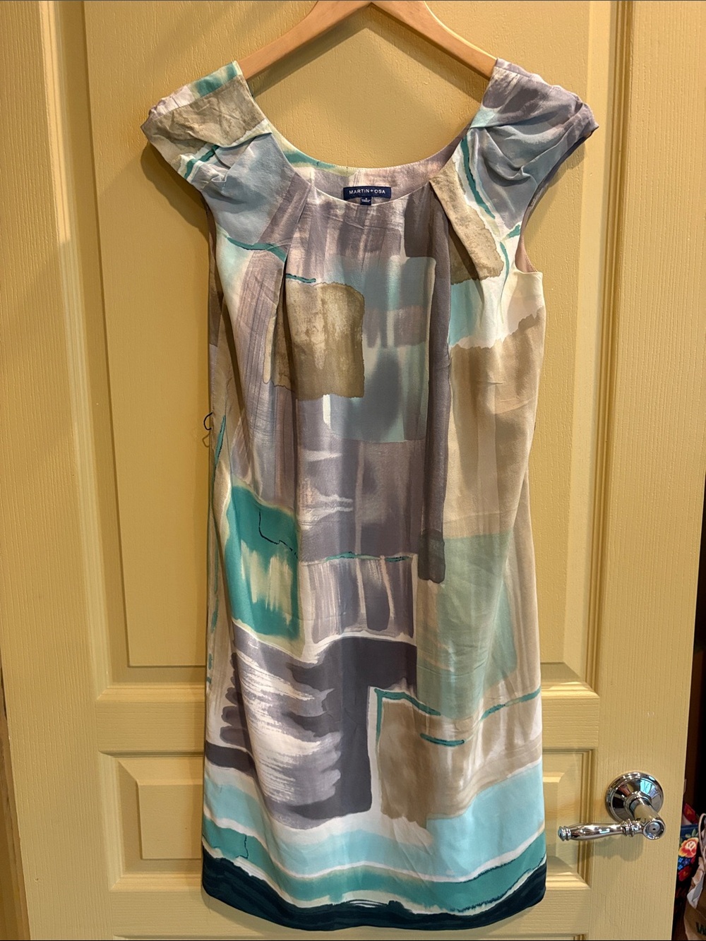 Martin + Osa Watercolor Print Midi Dress in Teal, Gray, Cream